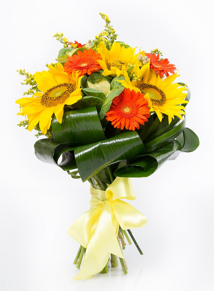 Buchet gerbera portocalie si floarea-soarelui – imaginea 1