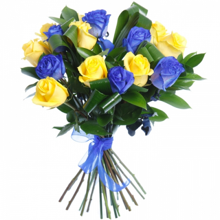 Buchet 25 trandafiri albastri si galbeni