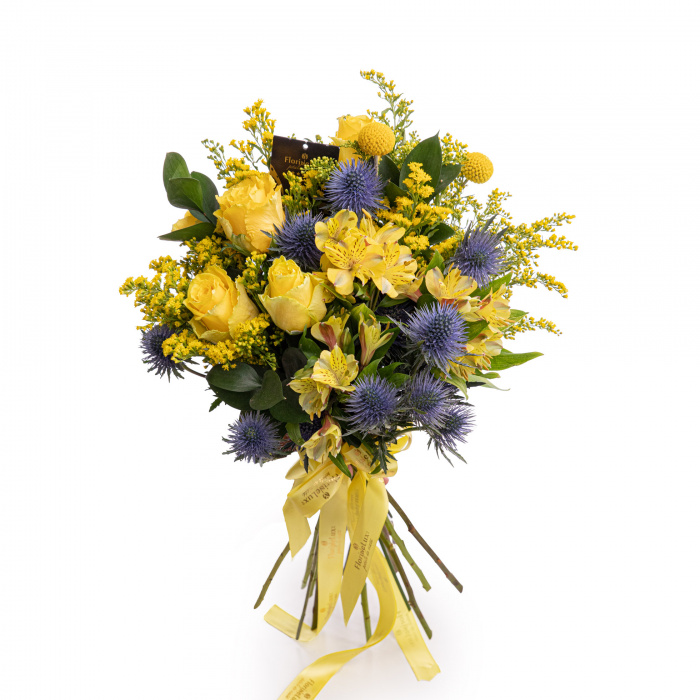 Buchet trandafiri galbeni si solidago – imaginea 1