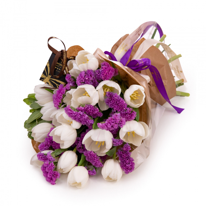 Buchet lalele albe si lemonium – imaginea 1