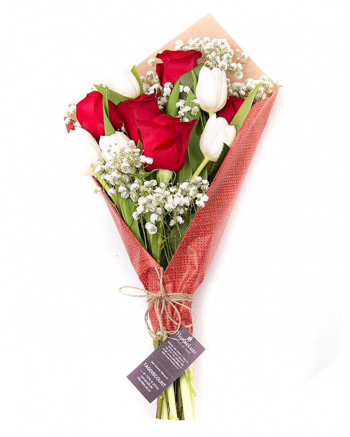 Buchet trandafiri si lalele albe – imaginea 1