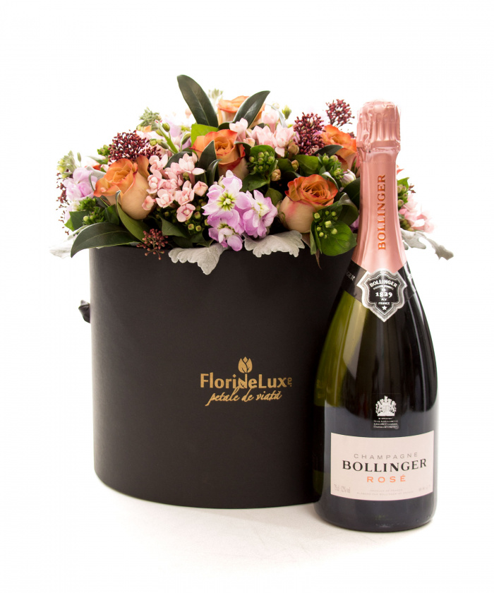 Cutie cu flori capuccino mix si sampanie Bollinger – imaginea 1