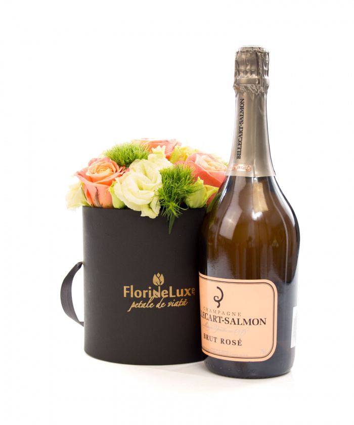 Cutie cu trandafiri piersica si Billecart Salmon – imaginea 1