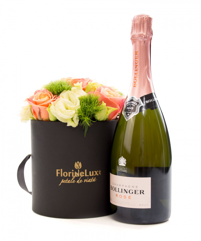 Cutie cu trandafiri piersica si Bollinger Rose – imaginea 1