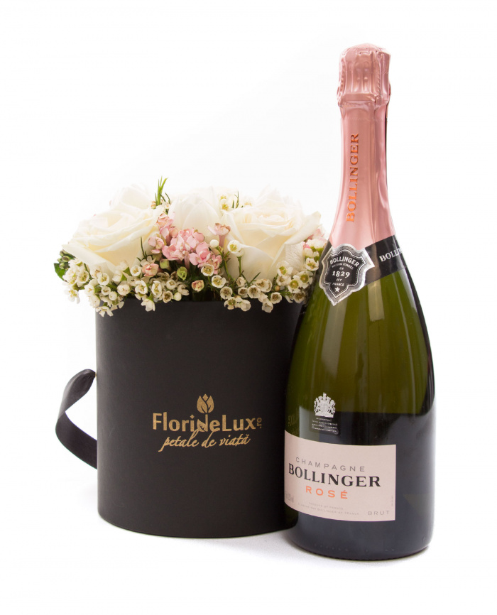 Cutie de lux lalele, trandafiri si Bollinger Rose – imaginea 1