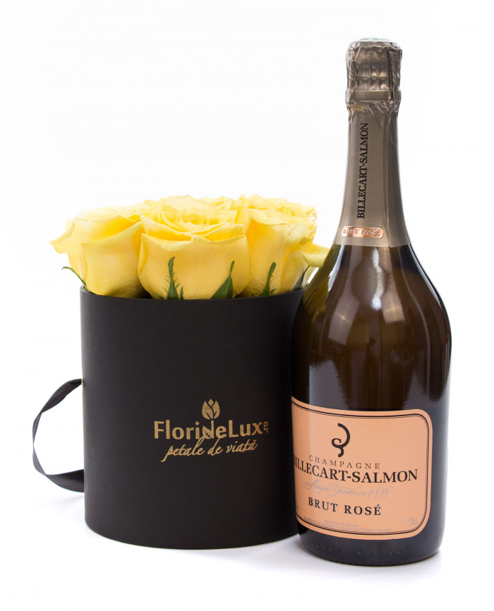 Cutie 9 trandafiri galbeni si Billecart Salmon