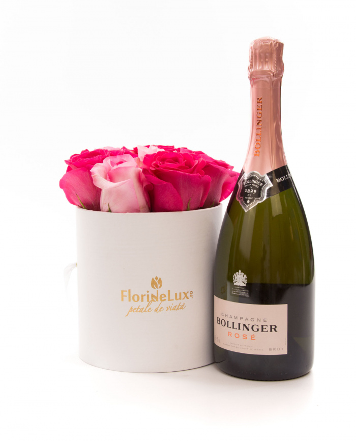 Cutie alba cu trandafiri roz si Bollinger Rose – imaginea 1