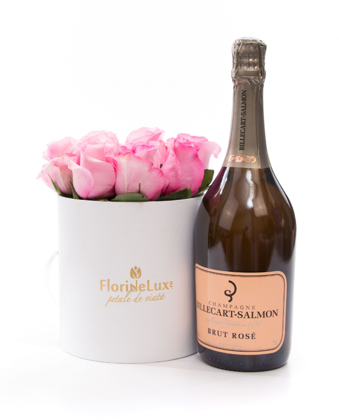 Cutie 9 trandafiri roz pal si Billecart Salmon – imaginea 1