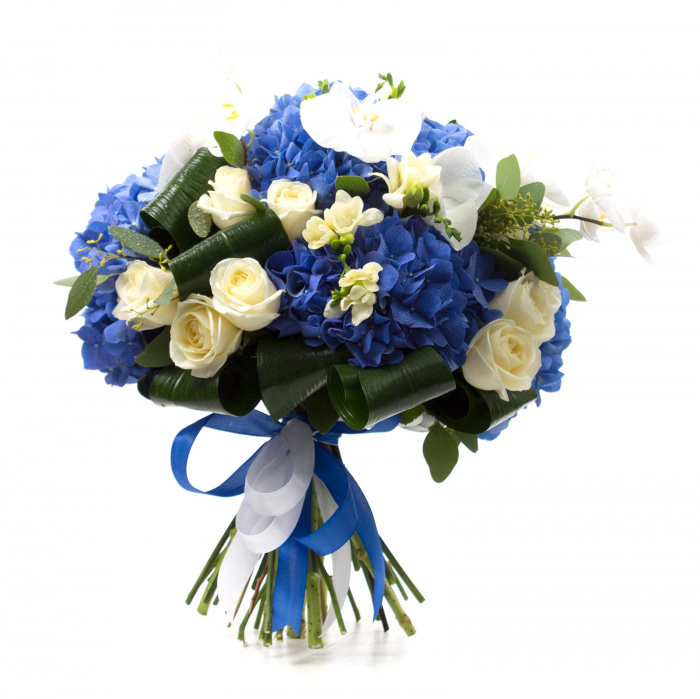 Buchet hortensii albastre si orhidee phal – imaginea 1