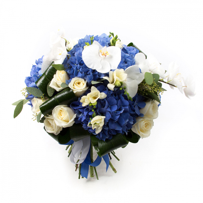 Buchet hortensii albastre si orhidee phal – imaginea 3