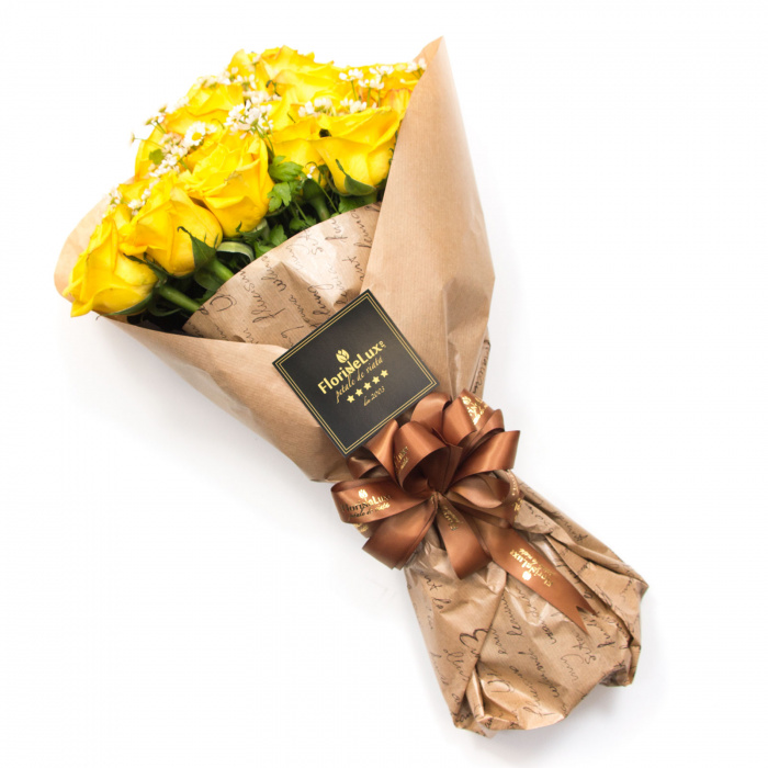 Buchet trandafiri galbeni si musetel – imaginea 3