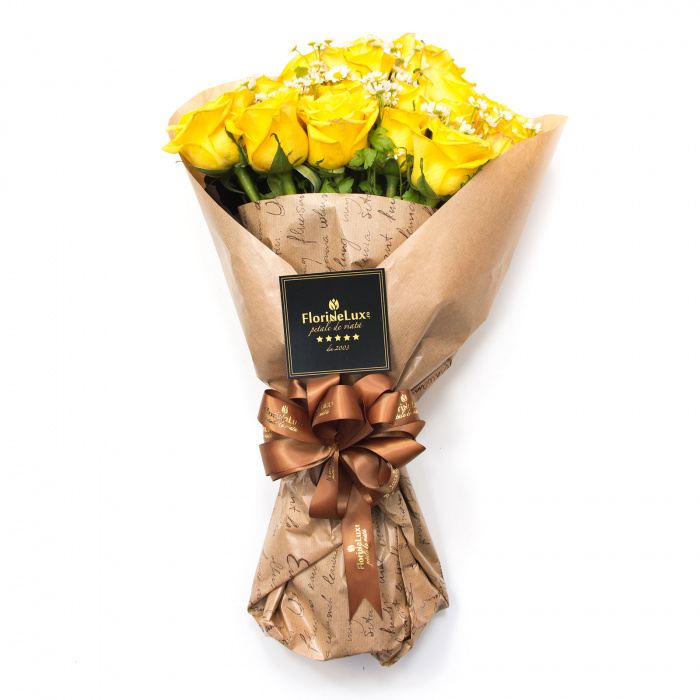 Buchet trandafiri galbeni si musetel – imaginea 4