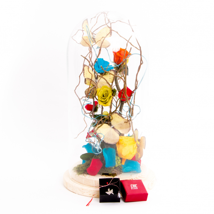 Trandafiri criogenati multicolori si martisor argint – imaginea 1