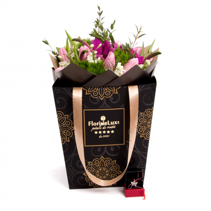 Buchet lalele pastelate si martisor argint – imaginea 1