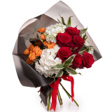 Buchet trandafiri, minirosa si hortensie – Premium