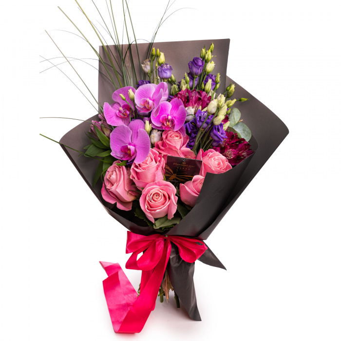Buchet trandafiri, orhidee, eustoma si alstroemeria – imaginea 1