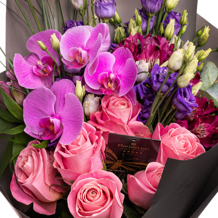 Buchet trandafiri, orhidee, eustoma si alstroemeria – imaginea 2