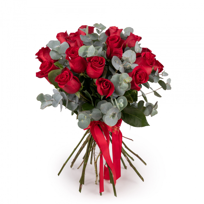Buchet trandafiri rosii si eucalipt – imaginea 1