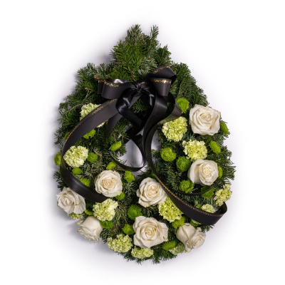 Jerba funerara cu trandafiri albi si garoafe verzi