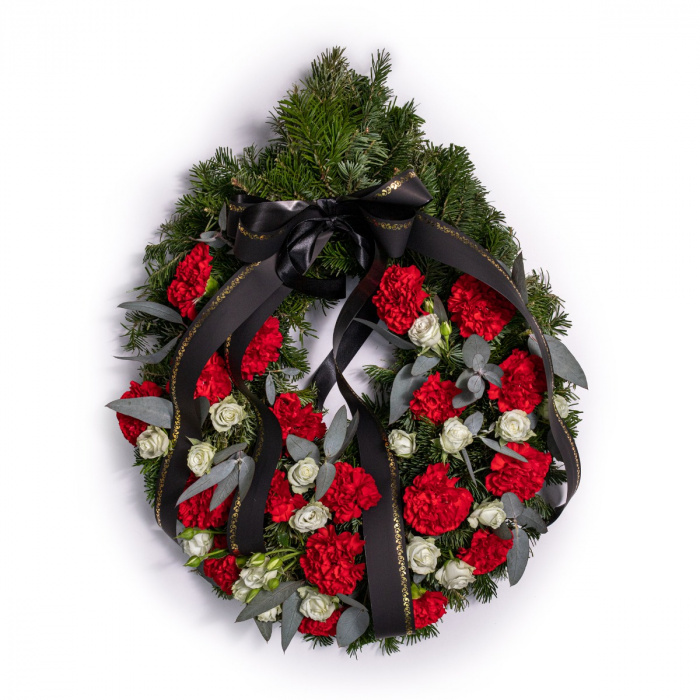 Jerba funerara cu garoafe rosii si minirose albe – imaginea 1