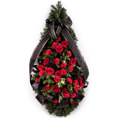 Coroana Funerara cu trandafiri si garoafe rosii