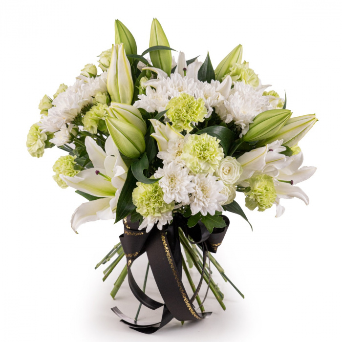 Buchet Funerar cu garoafe si crini albi – imaginea 1