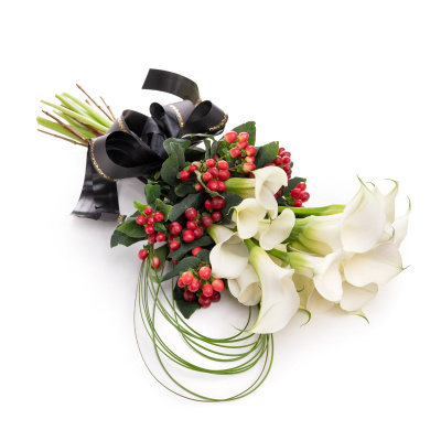 Buchet Funerar de lux cale albe si hypericum