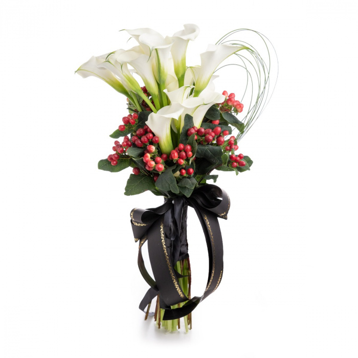 Buchet Funerar de lux cale albe si hypericum – imaginea 2