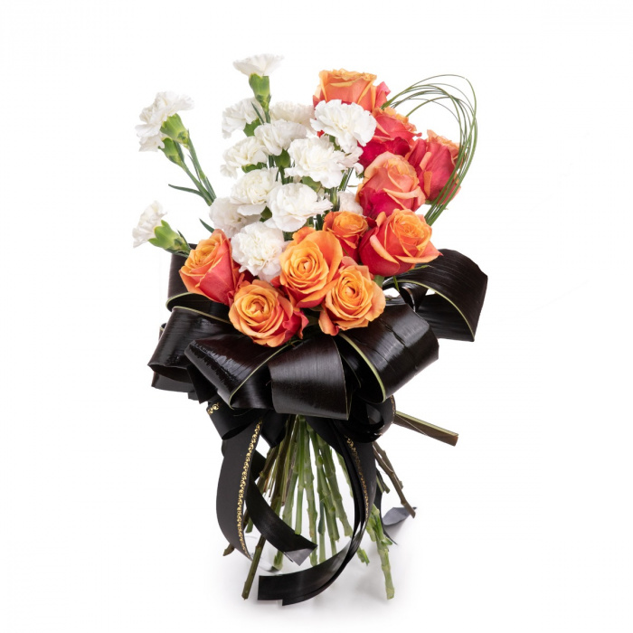 Buchet Funerar de lux trandafiri portocalii si garoafe albe – imaginea 2