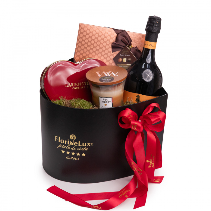 Cutie cadou eleganta cu mixt praline, trufe si vin spumant