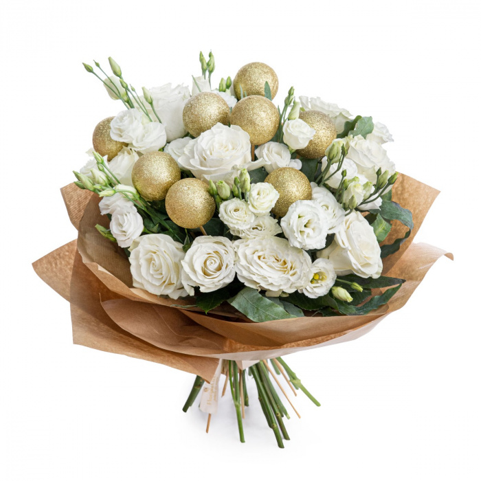 Buchet flori de iarna cu globuri aurii