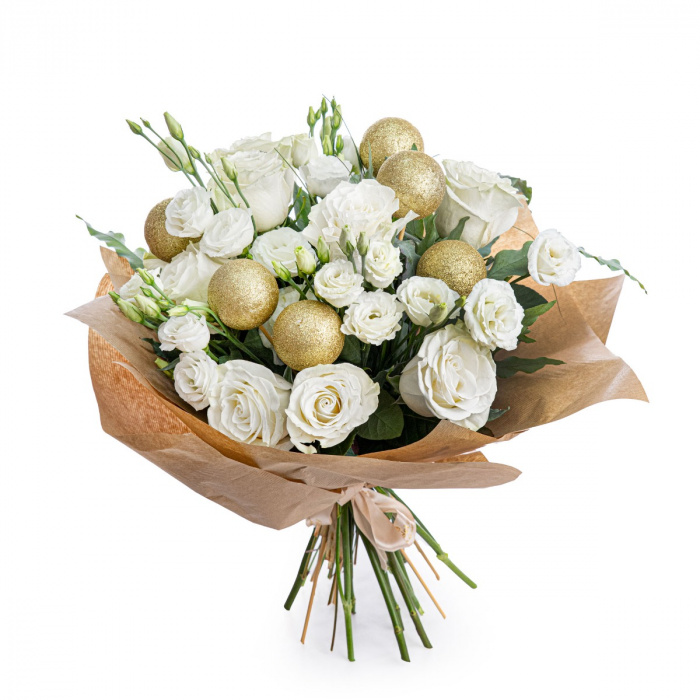 Buchet flori de iarna cu globuri aurii – imaginea 1