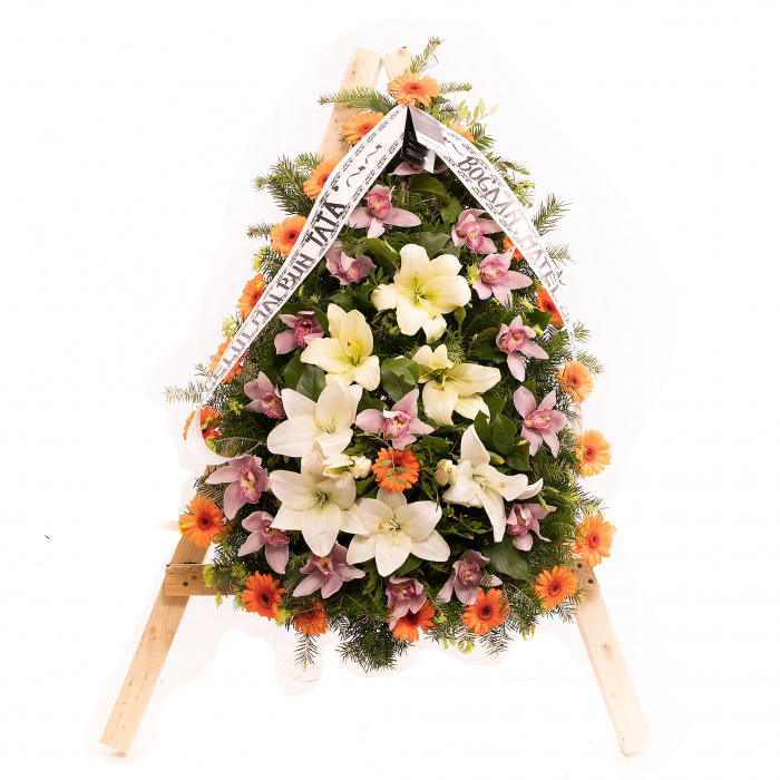 Coroana funerara din gerbera si crini – imaginea 1