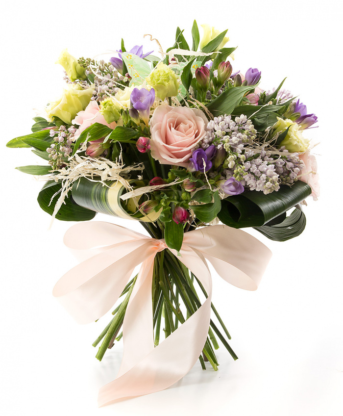 Trandafiri roz pal , liliac si frezii – imaginea 1