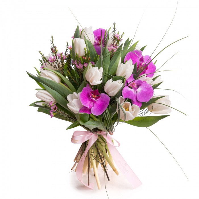 Buchet lalele albe si orhidee – imaginea 1
