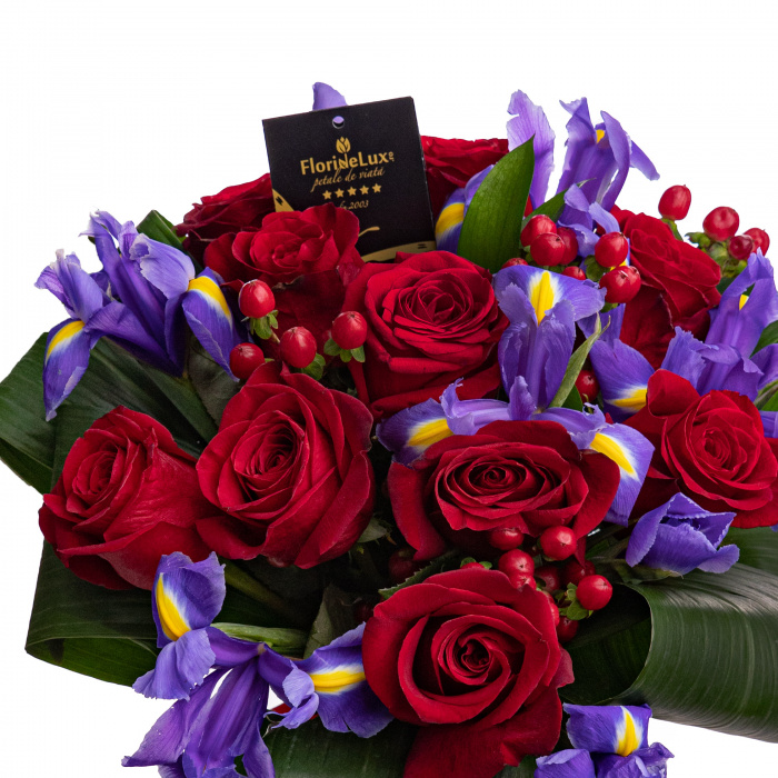 Buchet trandafiri rosii si irisi albastru roial – imaginea 2