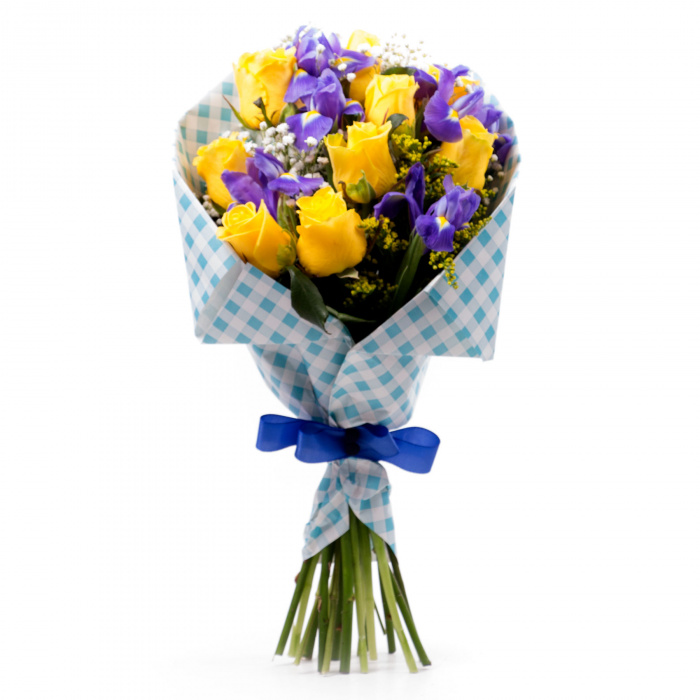 Buchet trandafiri galbeni, irisi – imaginea 1