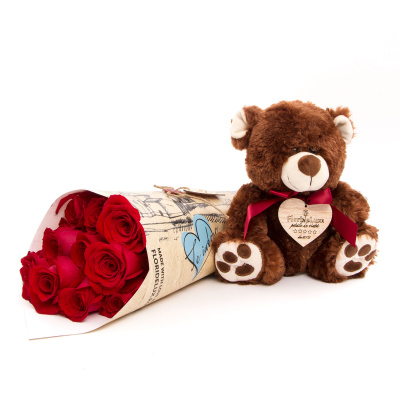Buchet 11 trandafiri si ursulet de plus