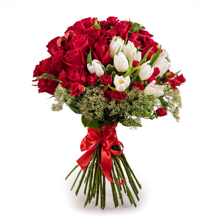 Buchet trandafiri rosii si lalele albe – imaginea 1