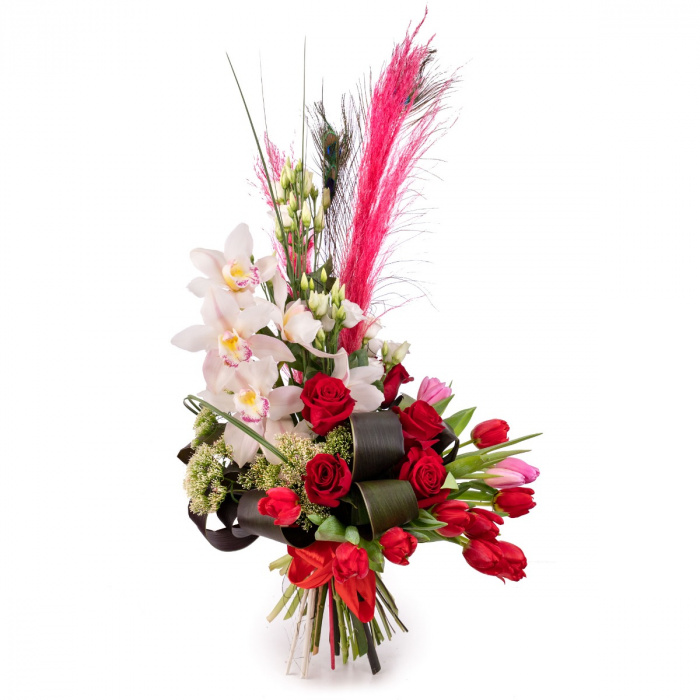 Buchet cu orhidee, lalele si trandafiri – imaginea 1