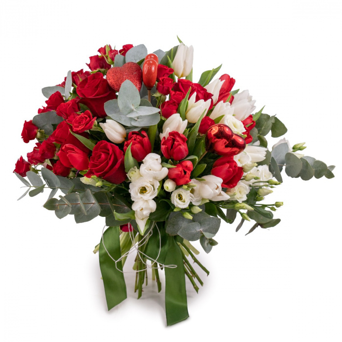 Buchet trandafiri si lalele in doua culori