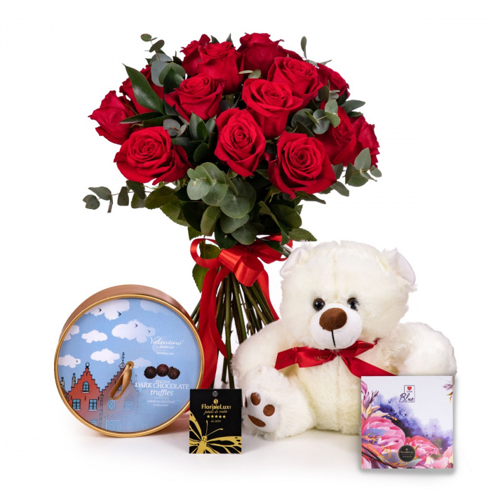 Buchet trandafiri cadou cu ursulet alb – imaginea 1