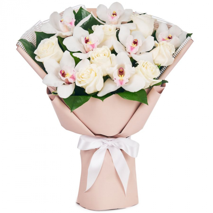 Buchet trandafiri albi si orhidee alba – imaginea 1