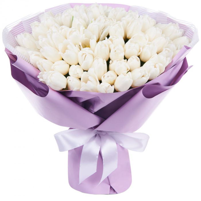 Buchet lalele albe in ambalaj mov