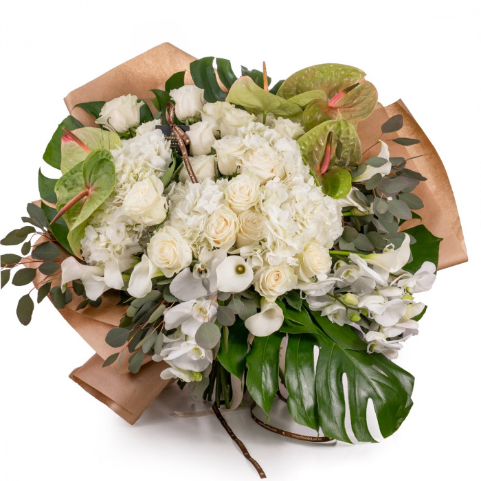 Buchet anthurium, cale si trandafiri Luxury angel – imaginea 1