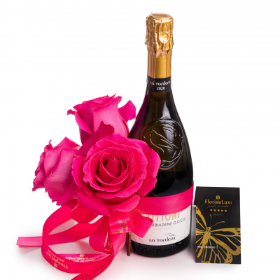 Aranjament trandafiri roz si Prosecco