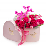 Aranjament floral cu trandafiri si lalele Pink Fantasy – Premium