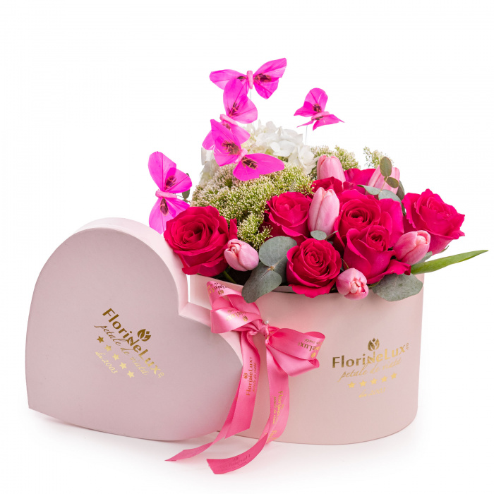 Aranjament floral cu trandafiri si lalele Pink Fantasy – imaginea 1
