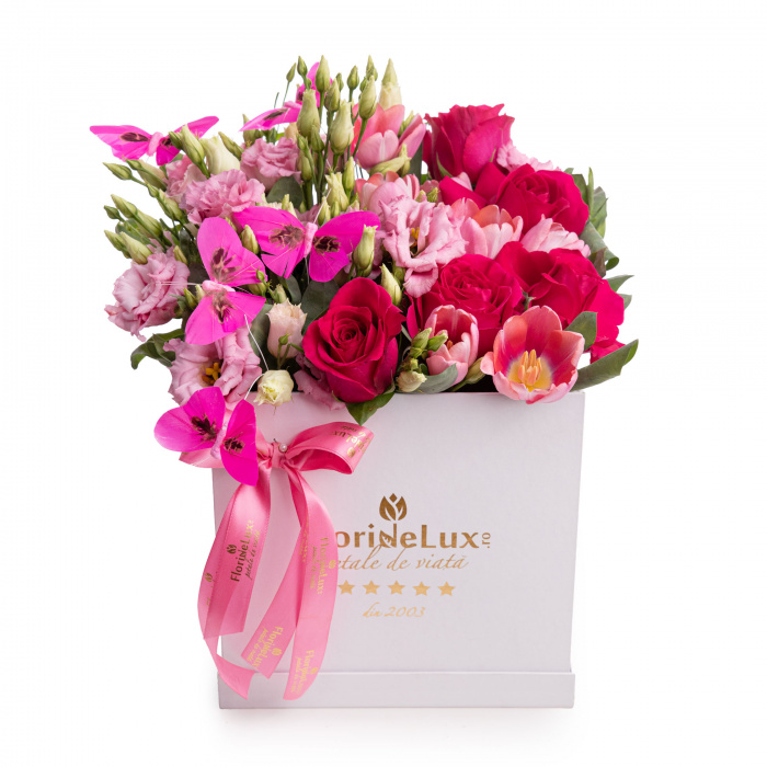 Aranjament floral cu lalele, trandafiri si fluturi colorati – imaginea 1