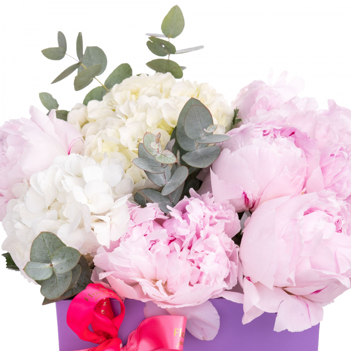 Detaliu de aproape cu florile din Aranjament floral cu bujori si hortensii, varianta Deluxe, compusa din 7 bujori roz, o crenguta de eucalipt si 2 hortensii albe